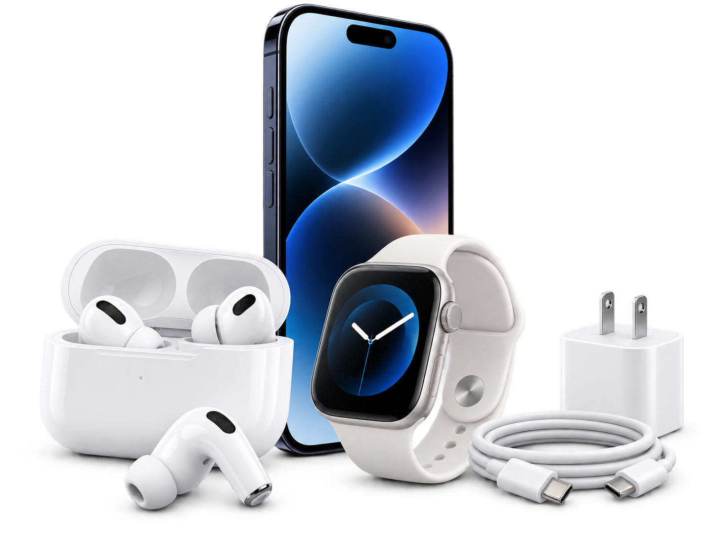 Phone, earbuds, smartwatch and charging accessories